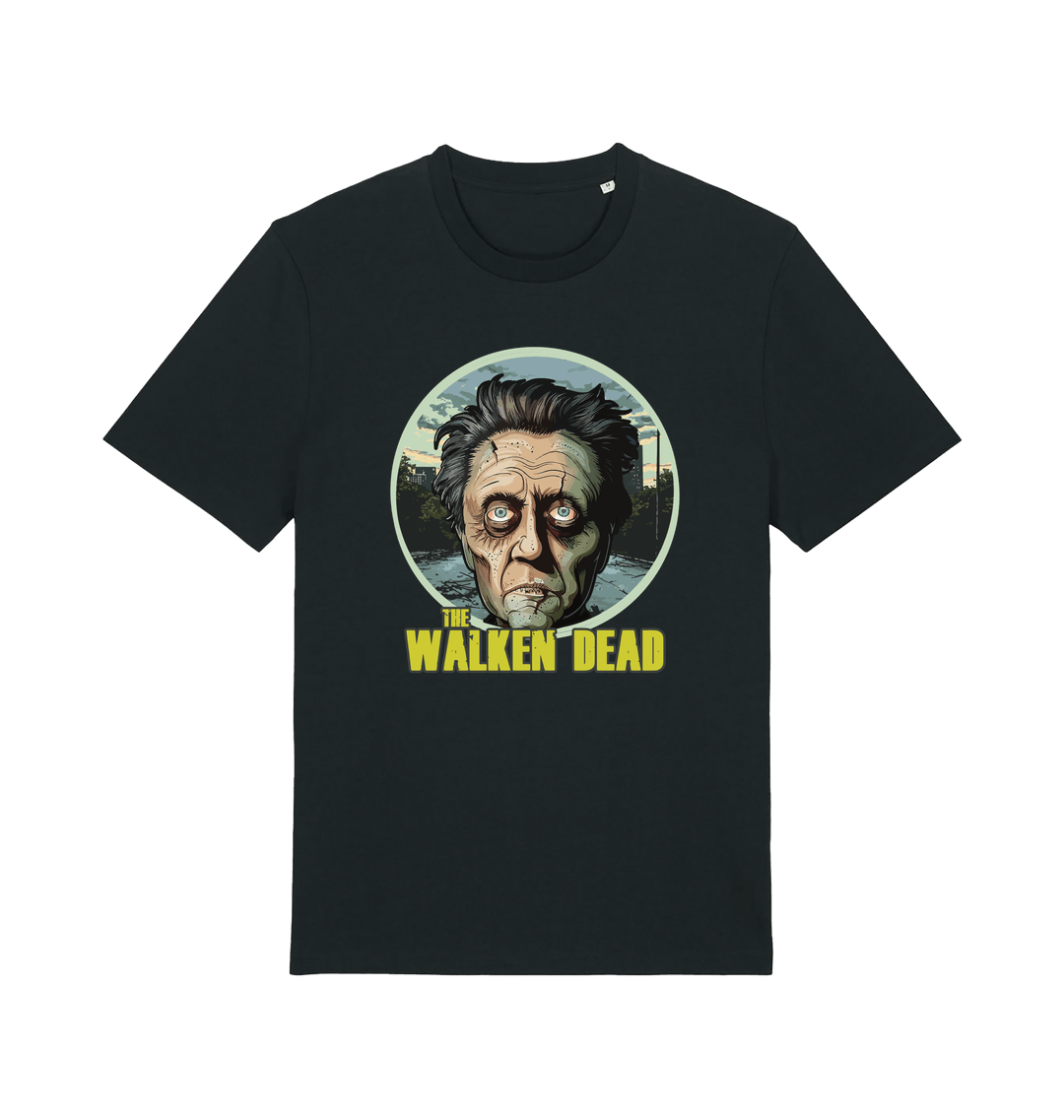 black horror t-shirt with the graphic of christopher walken as a zombie and the slogan 'the walken dead' 