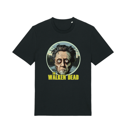 black horror t-shirt with the graphic of christopher walken as a zombie and the slogan 'the walken dead' 