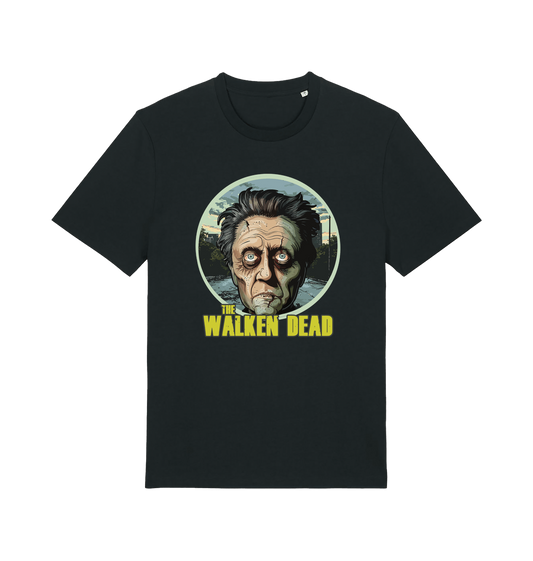 black horror t-shirt with the graphic of christopher walken as a zombie and the slogan 'the walken dead' 