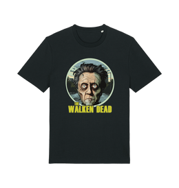 black horror t-shirt with the graphic of christopher walken as a zombie and the slogan 'the walken dead' 