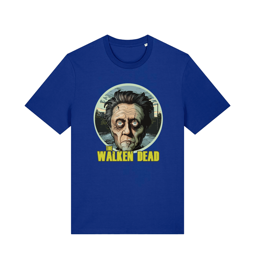 blue horror t-shirt with the graphic of christopher walken as a zombie and the slogan 'the walken dead' 