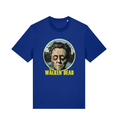 blue horror t-shirt with the graphic of christopher walken as a zombie and the slogan 'the walken dead' 