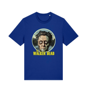 blue horror t-shirt with the graphic of christopher walken as a zombie and the slogan 'the walken dead' 