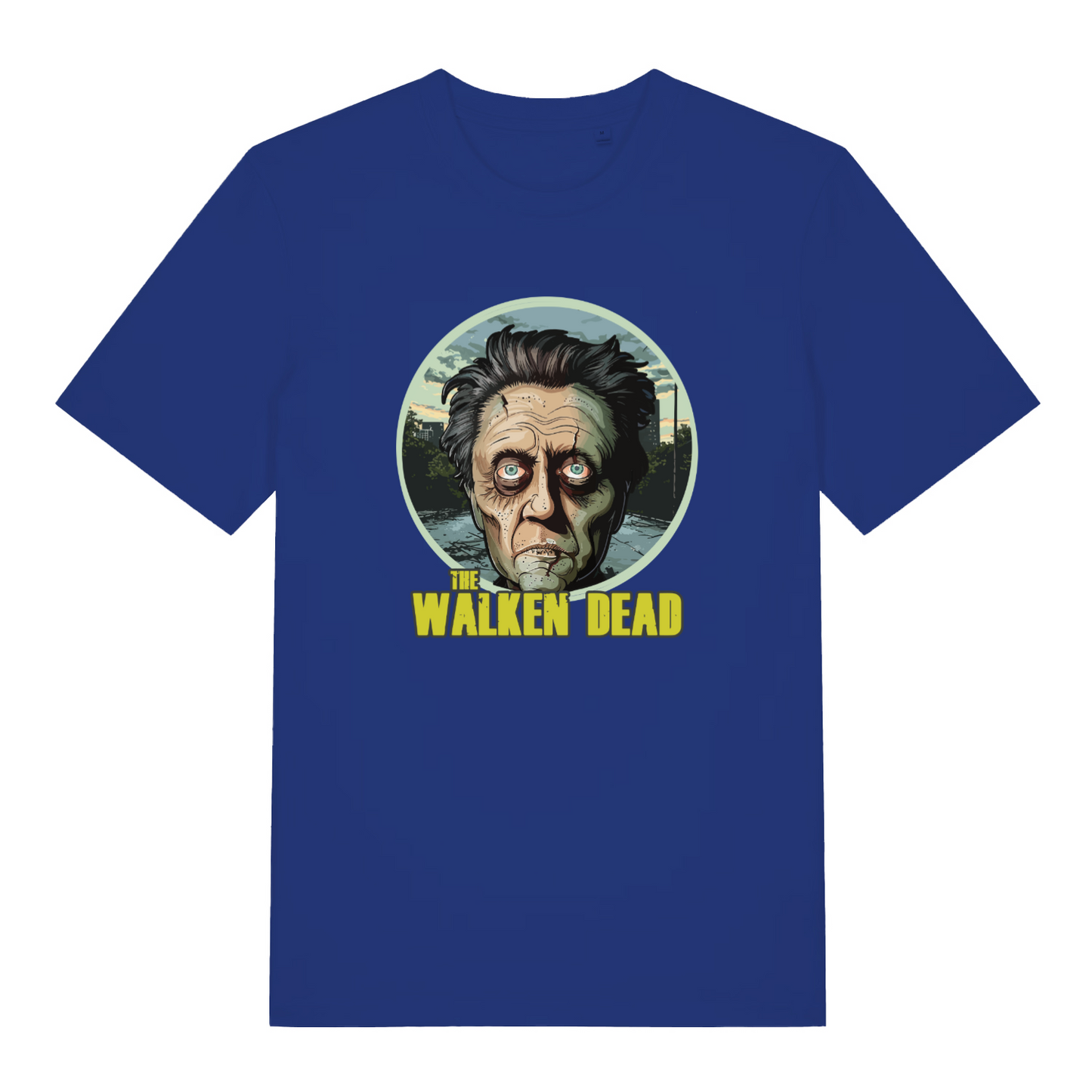 blue movie t-shirt with the graphic of a zombie and the slogan 'the walken dead'