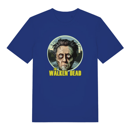 blue movie t-shirt with the graphic of a zombie and the slogan 'the walken dead'