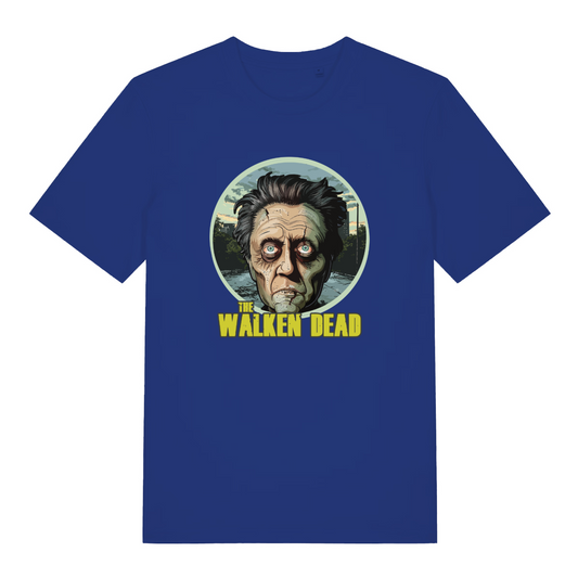 blue movie t-shirt with the graphic of a zombie and the slogan 'the walken dead'