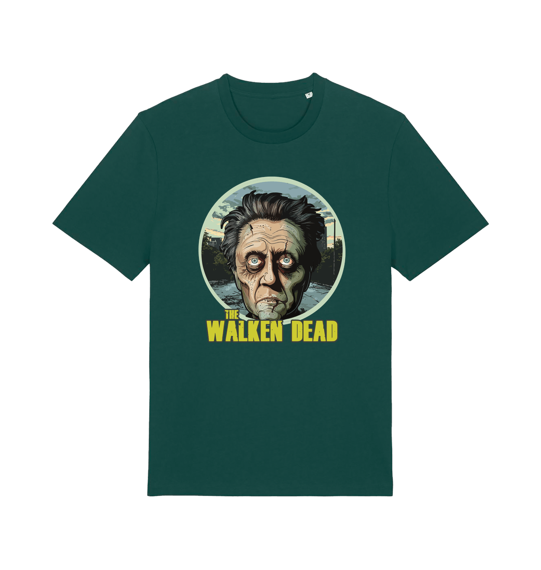 green horror t-shirt with the graphic of christopher walken as a zombie and the slogan 'the walken dead' 