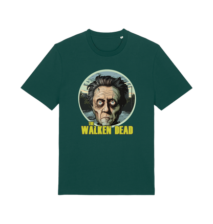 green horror t-shirt with the graphic of christopher walken as a zombie and the slogan 'the walken dead' 