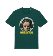 green horror t-shirt with the graphic of christopher walken as a zombie and the slogan 'the walken dead' 