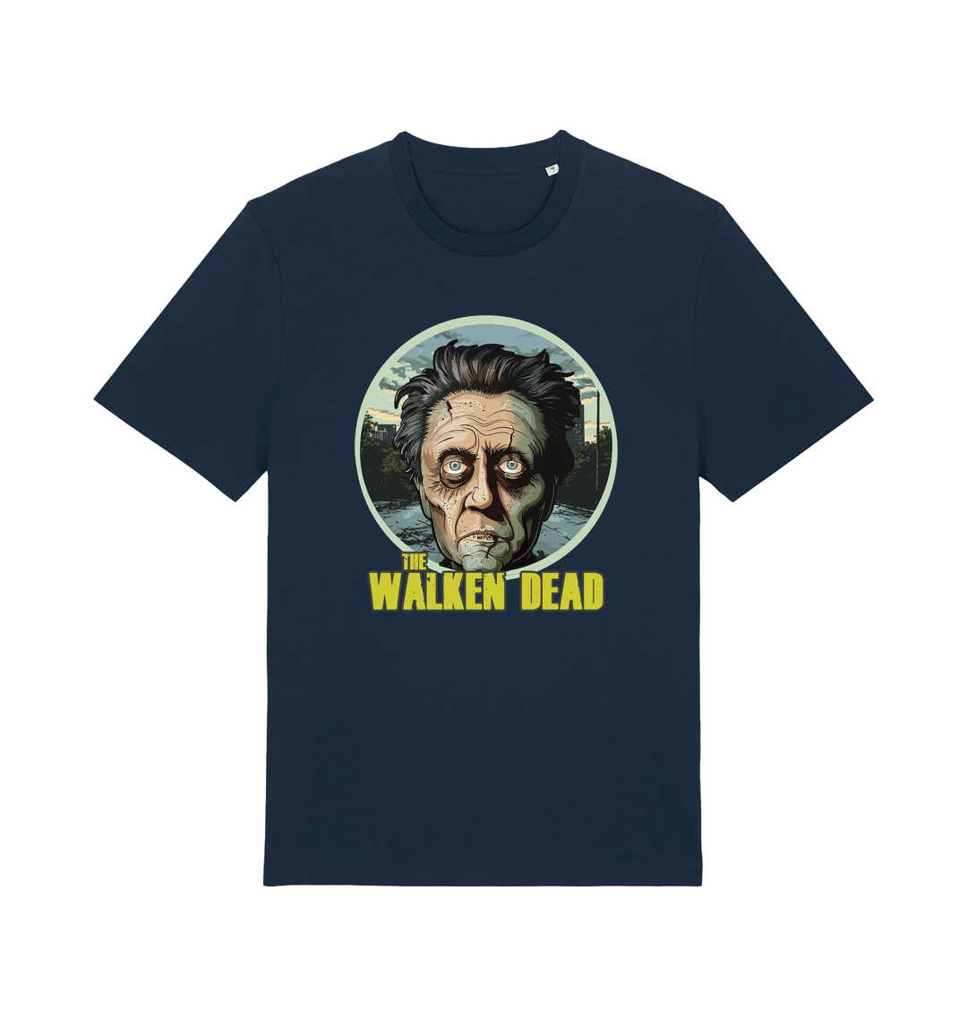 navy horror t-shirt with the graphic of christopher walken as a zombie and the slogan 'the walken dead' 