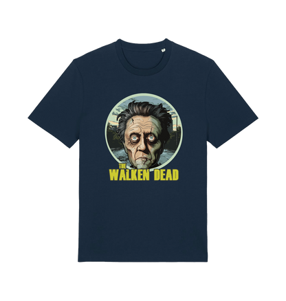 navy horror t-shirt with the graphic of christopher walken as a zombie and the slogan 'the walken dead' 