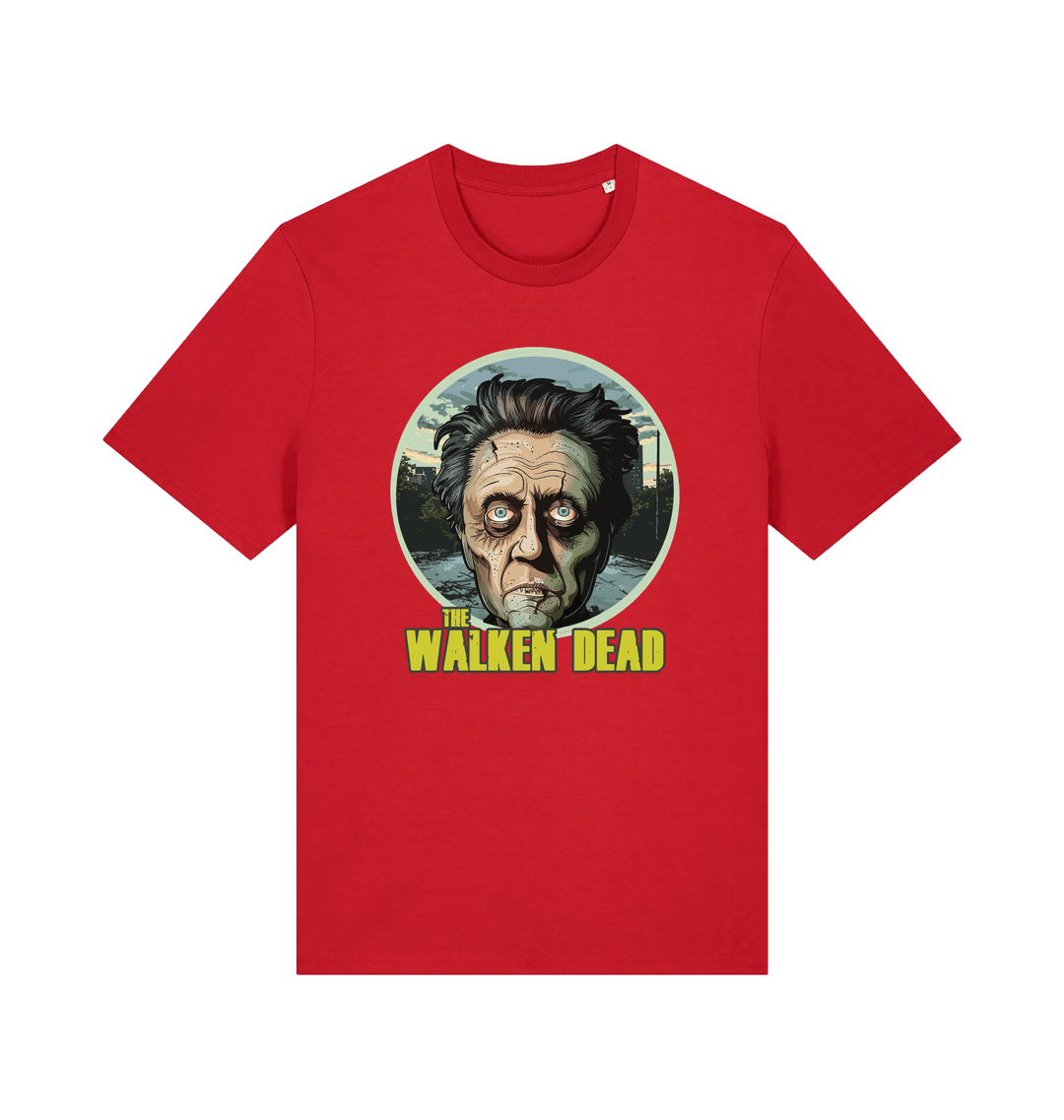 red horror t-shirt with the graphic of christopher walken as a zombie and the slogan 'the walken dead' 