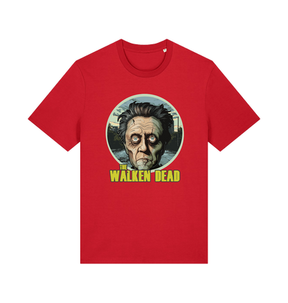 red horror t-shirt with the graphic of christopher walken as a zombie and the slogan 'the walken dead' 