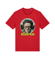red horror t-shirt with the graphic of christopher walken as a zombie and the slogan 'the walken dead' 