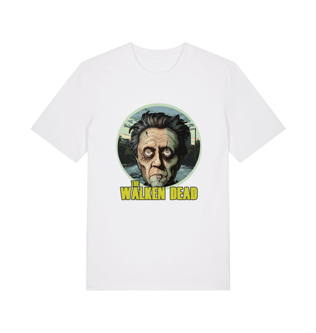 white horror t-shirt with the graphic of christopher walken as a zombie and the slogan 'the walken dead' 