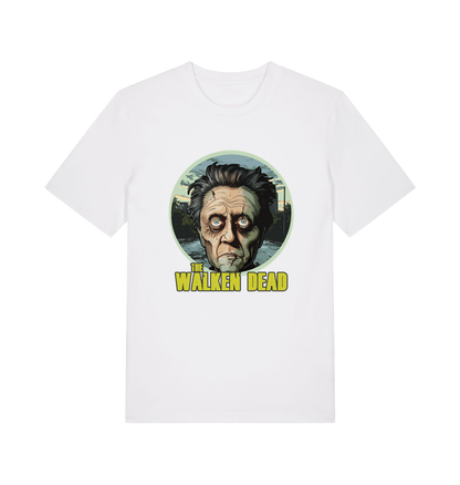 white horror t-shirt with the graphic of christopher walken as a zombie and the slogan 'the walken dead' 