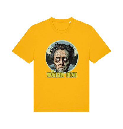 yellow horror t-shirt with the graphic of christopher walken as a zombie and the slogan 'the walken dead' 