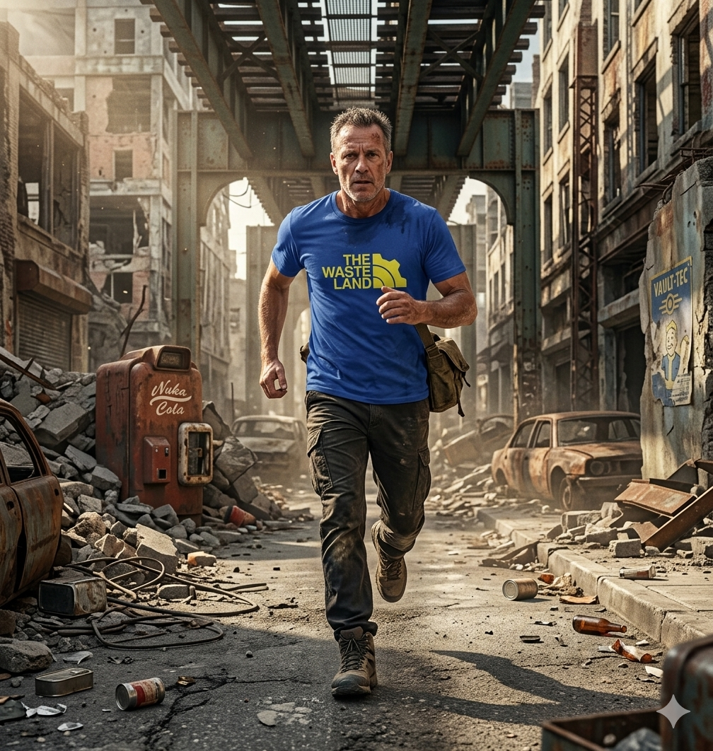Man running through a post-apocalyptic urban setting wearing a blue t-shirt with text.