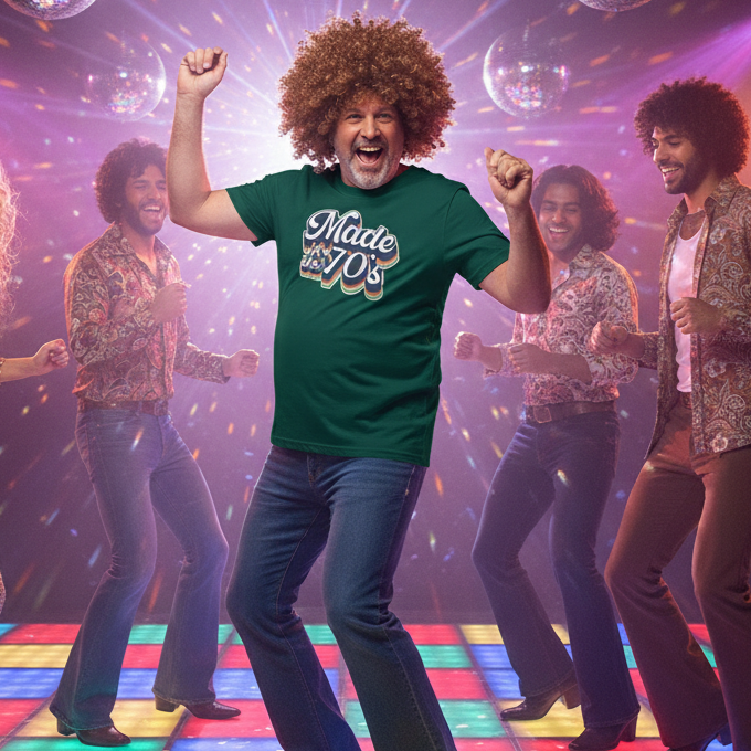 Man in a green 'Made in the 70s' shirt dancing with others on a disco-themed background