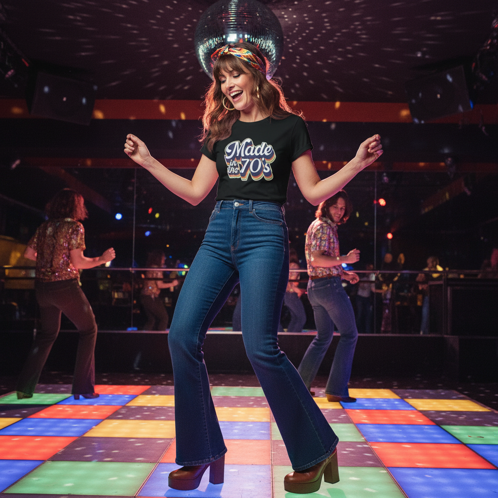 Person dancing in a disco setting with colorful floor and vintage attire.