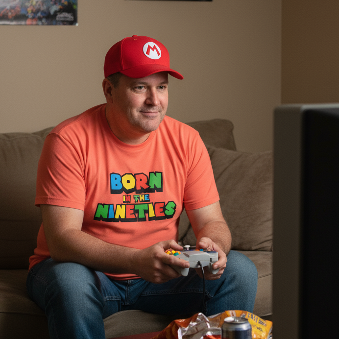 Man wearing a red cap and 'Born in the Nineties' t-shirt playing video games.