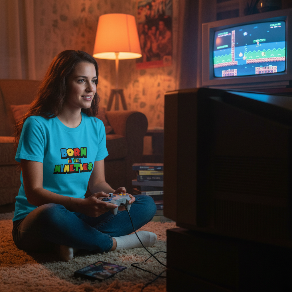 Woman playing a retro video game on an old console in a cozy living room.