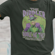 funny offensive T-shirt with 'The Diddler' graphic design with funny riddle slogan on a dark background