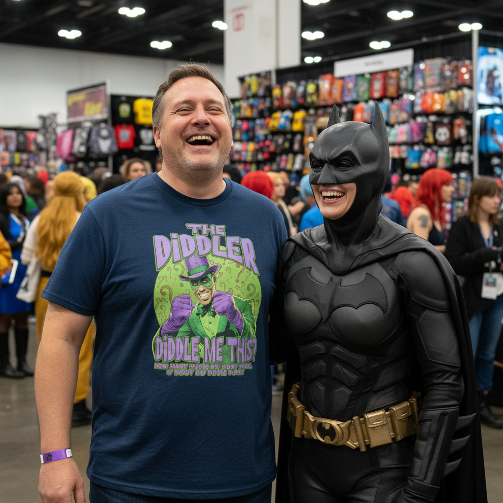 Two people, one in a 'The Diddler' t-shirt and the other in a Batman costume, standing together in a comic book store.