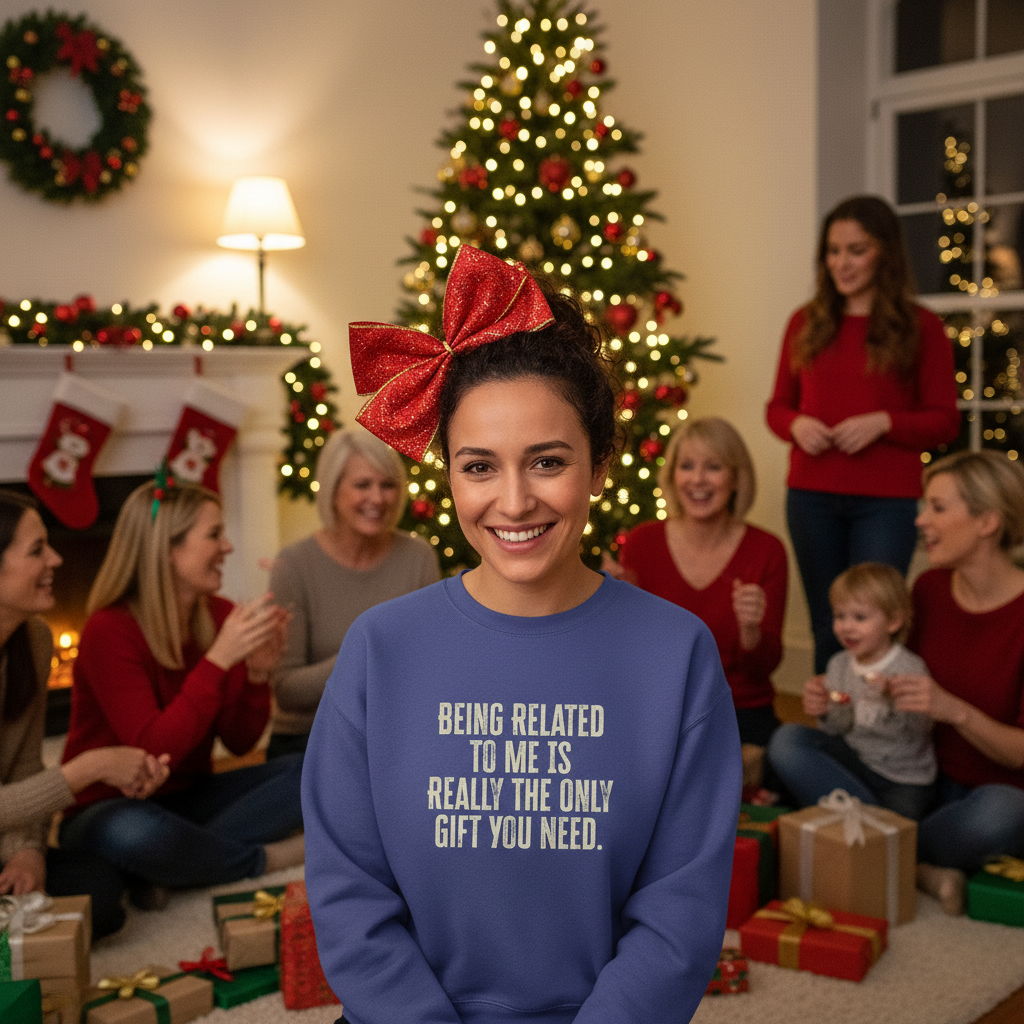 Woman wearing a blue sweater with text in a festive indoor setting with Christmas decorations.