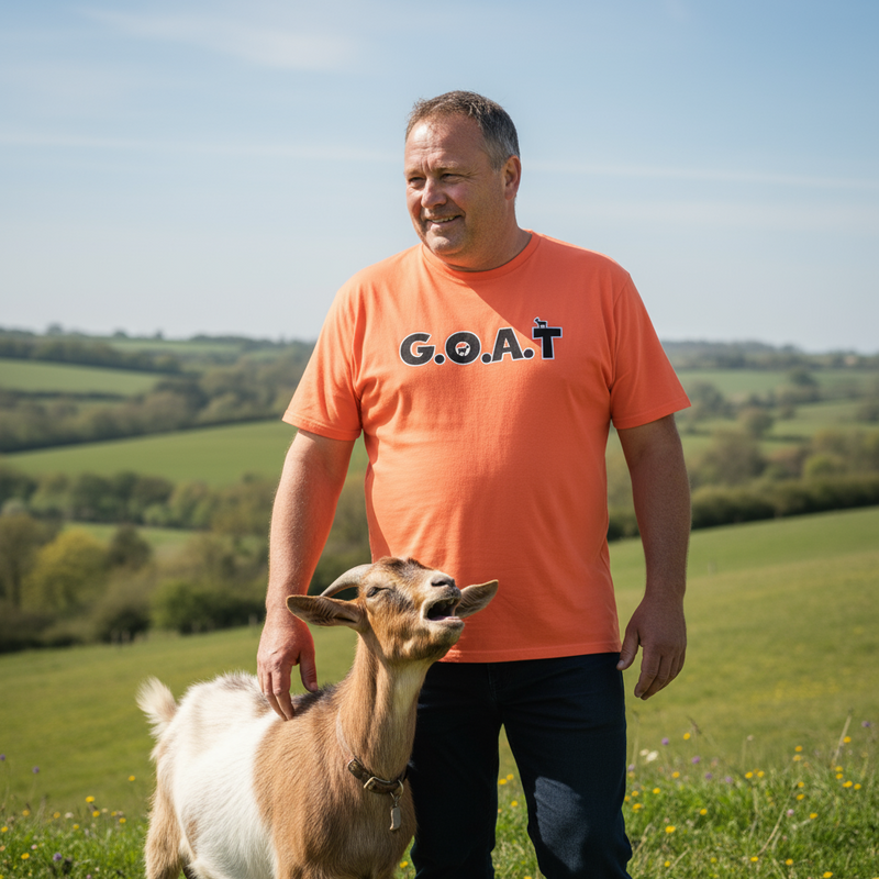 Man in an orange 'G.O.A.T.' shirt standing with a goat in a green field