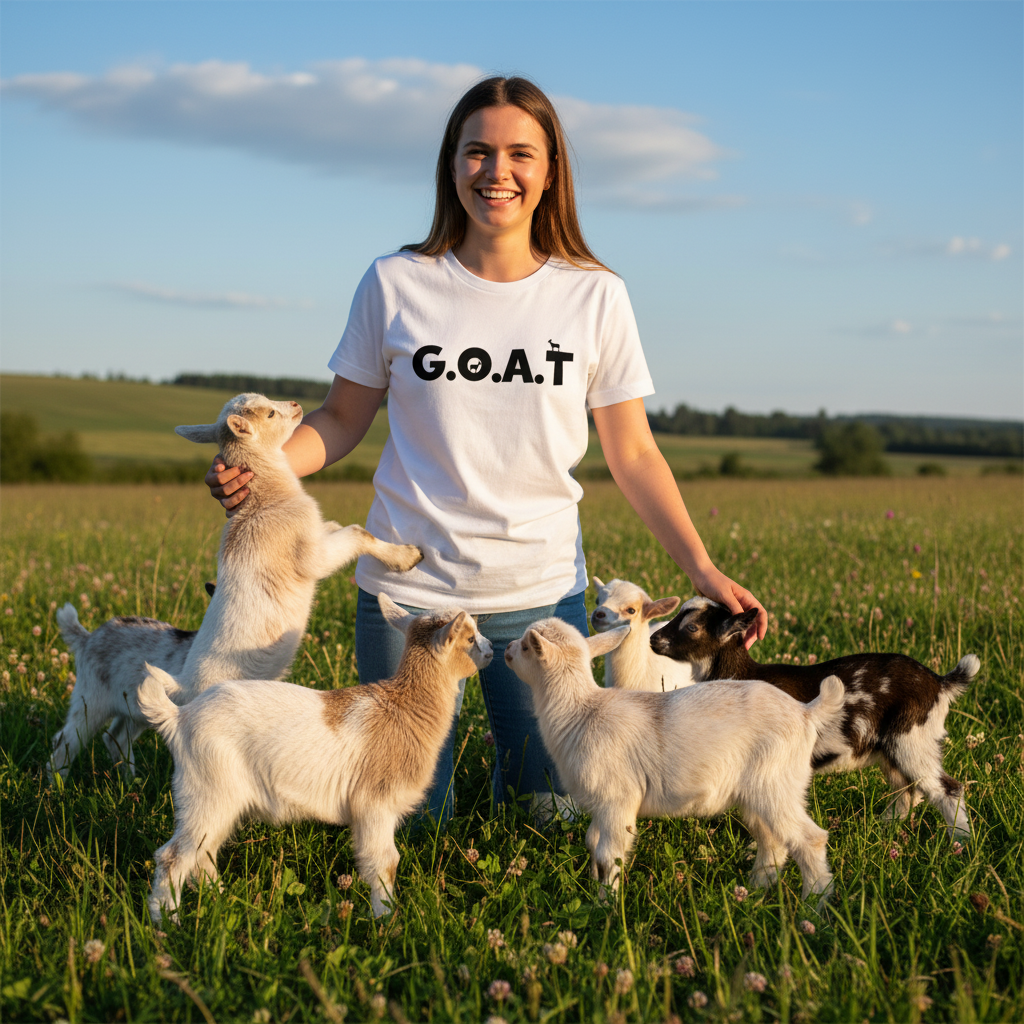 Woman in a white t-shirt with 'G.O.A.T.' text standing in a field with goats.