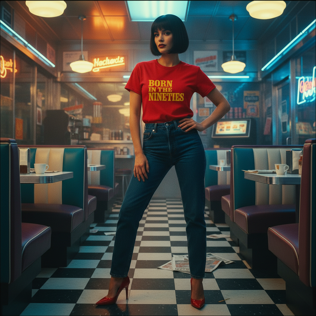 Woman in a red shirt with 'Born in the Nineties' text in a retro diner setting