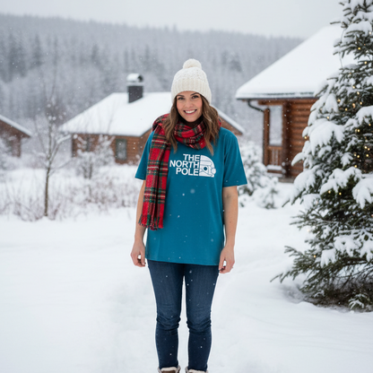 Woman in a teal shirt with 'The North Pole' text, white knit hat, and plaid scarf standing in a snowy landscape with a cabin in the background.