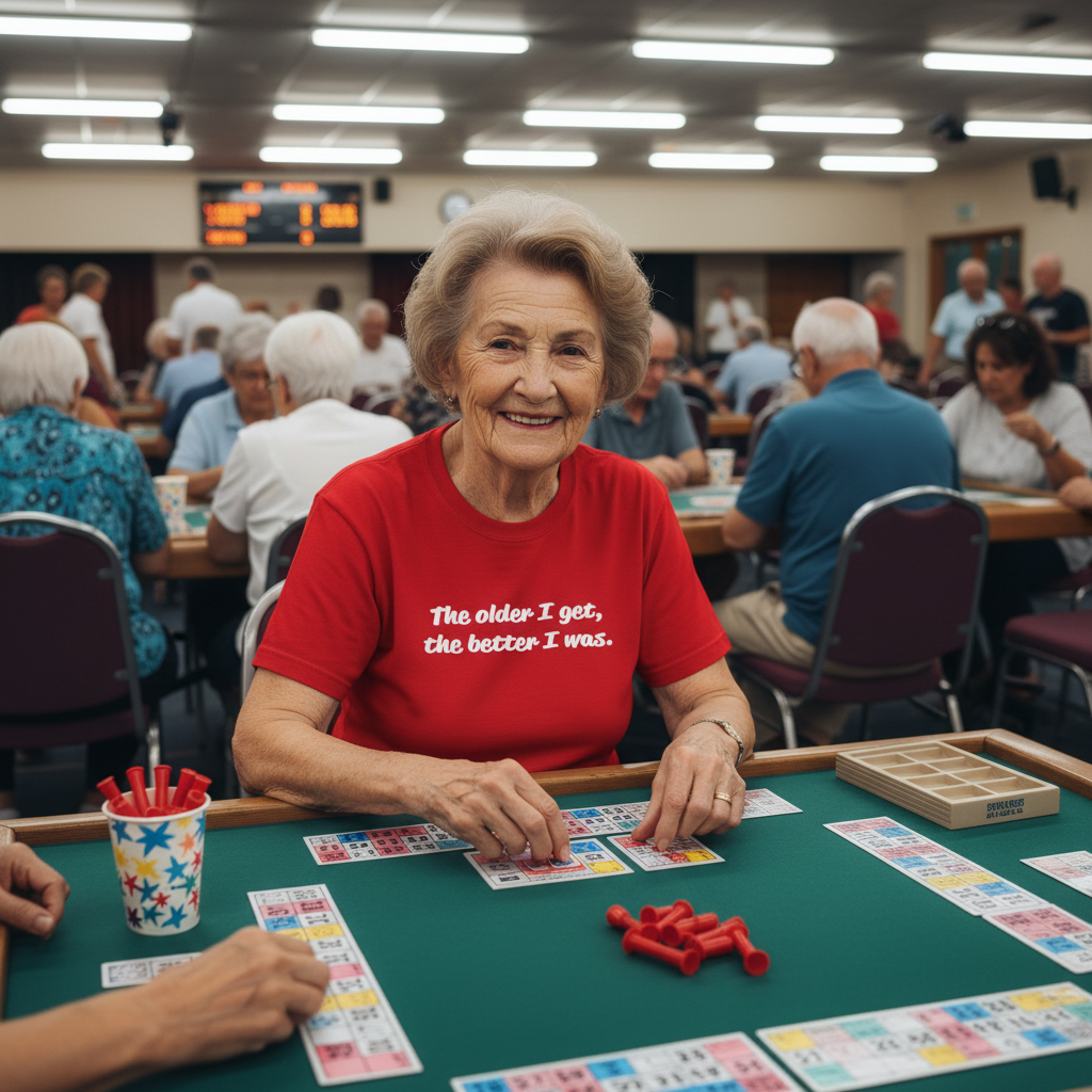 Woman in a red shirt playing cards at a table with other people in the background.