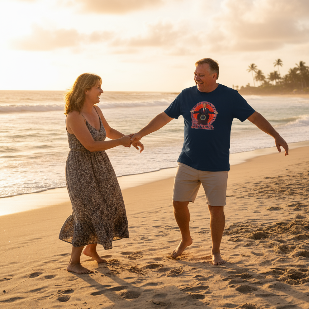 Man and woman holding hands on a beach at sunset