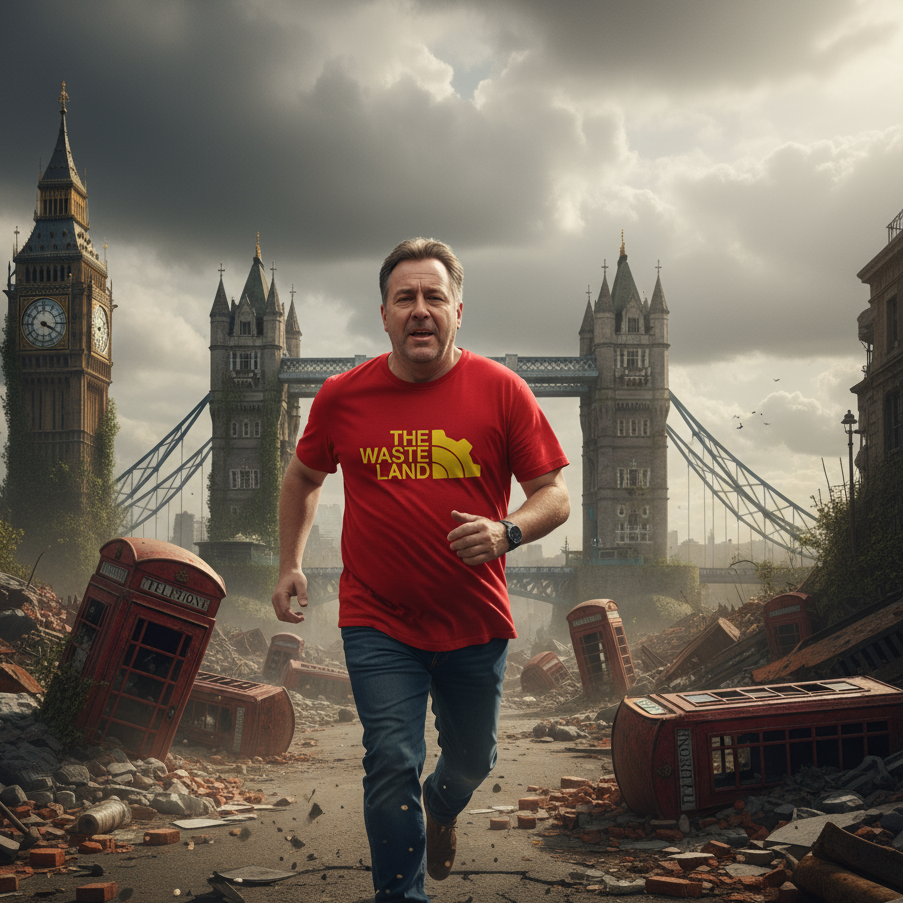 Man in a red t-shirt with 'The Wasteland' logo running through a destroyed cityscape with Big Ben and Tower Bridge in the background.