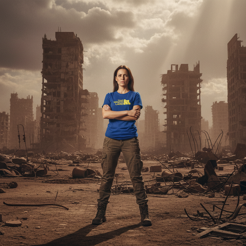 Person wearing a blue t-shirt with a logo in a post-apocalyptic setting