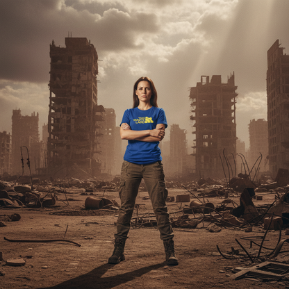Person wearing a blue t-shirt with a logo in a post-apocalyptic setting