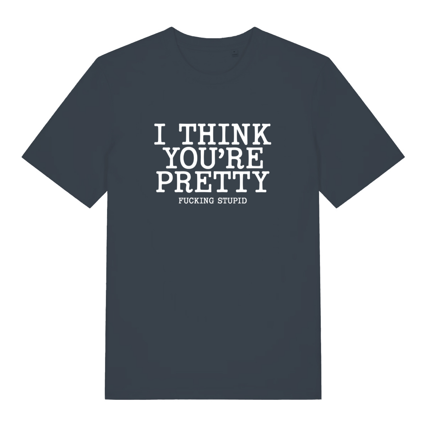 ink grey funny offensive t-shirt with the text 'i think you're pretty fucking stupid'