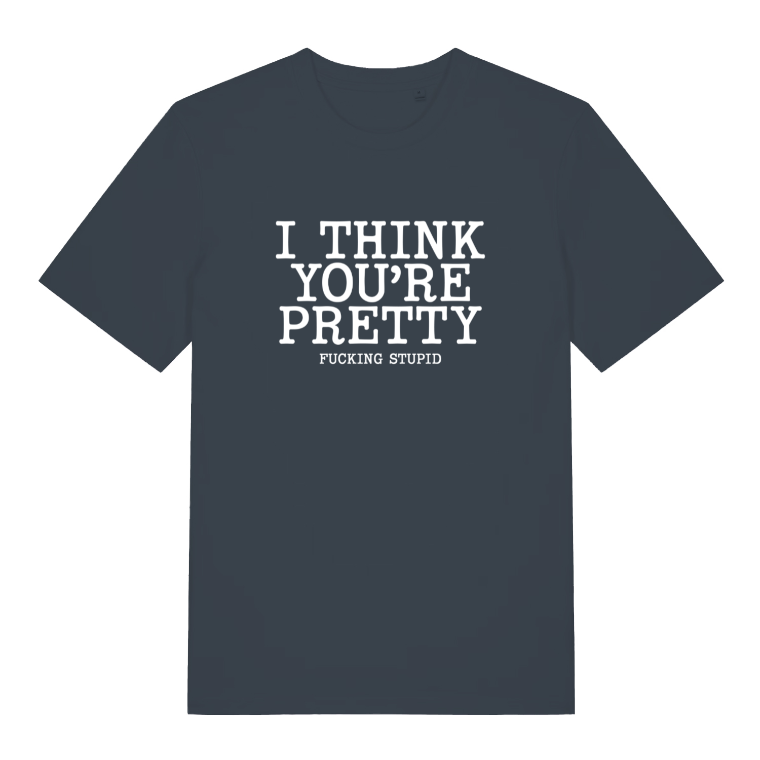 ink grey funny offensive t-shirt with the text 'i think you're pretty fucking stupid'