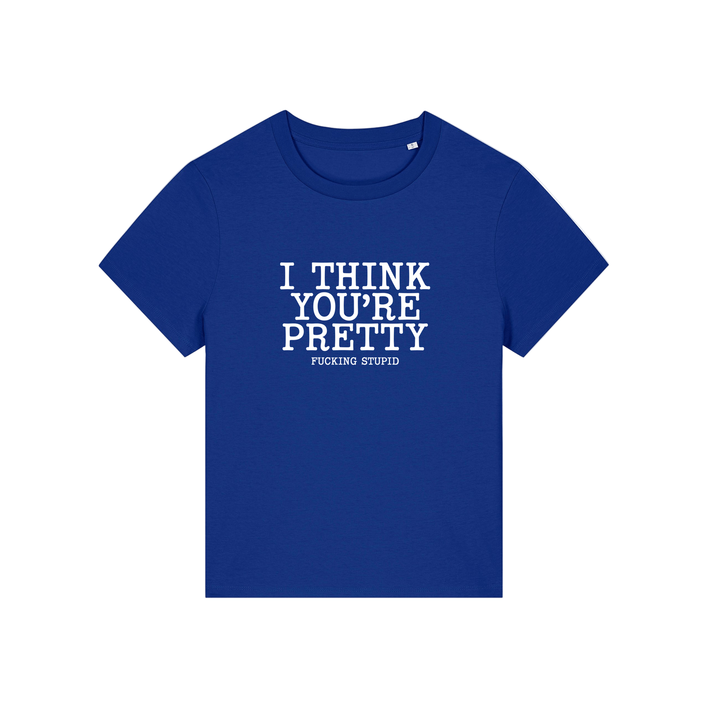 blue funny offensive t-shirt with the slogan 'i think you're pretty fucking stupid'