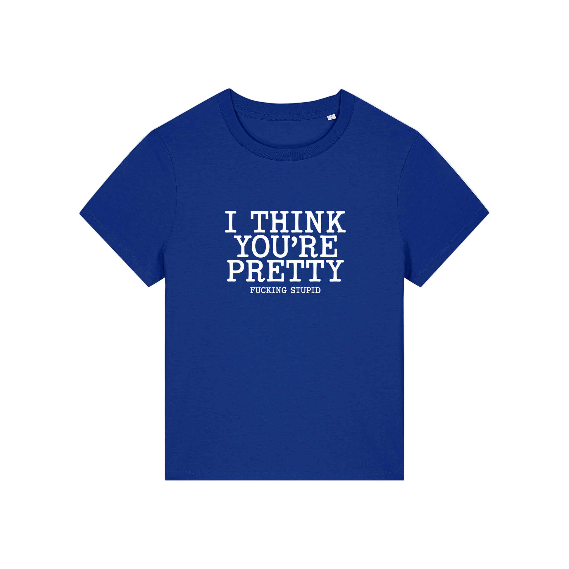 blue funny offensive t-shirt with the slogan 'i think you're pretty fucking stupid'