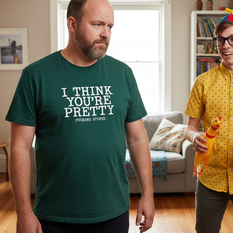 Two people in a room with one wearing a green t-shirt with text and the other holding a toy.