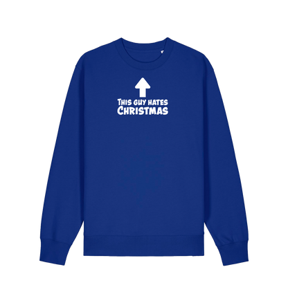 blue xmas sweater with the slogan 'this guy hates christmas'