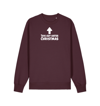 red brown xmas sweater with the slogan 'this guy hates christmas'