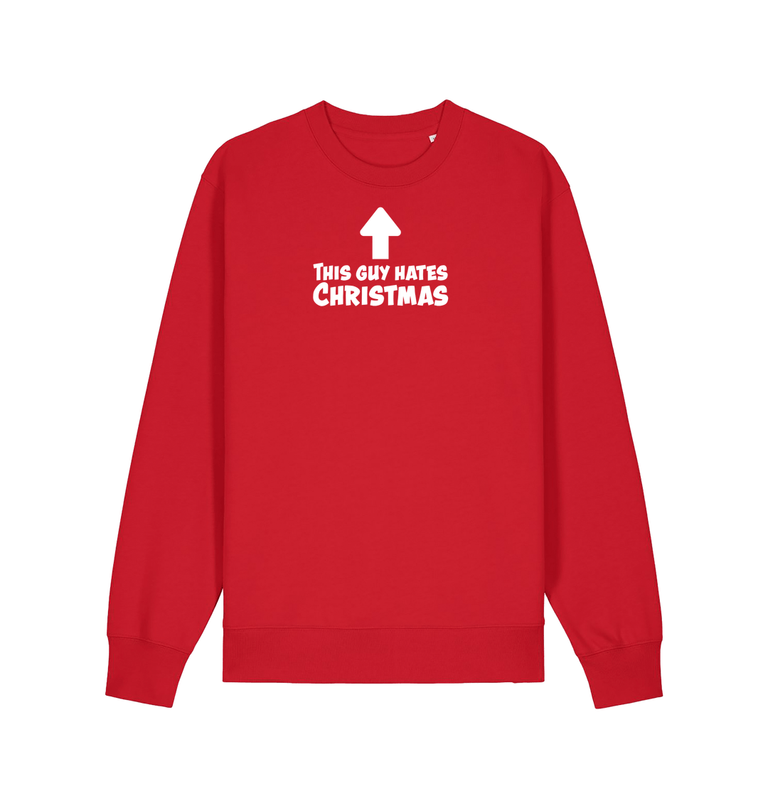 red xmas sweater with the slogan 'this guy hates christmas'