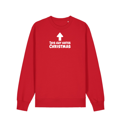 red xmas sweater with the slogan 'this guy hates christmas'