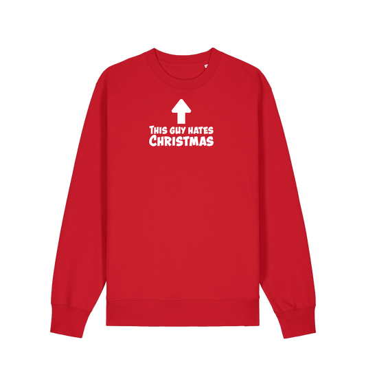 red xmas sweater with the slogan 'this guy hates christmas'