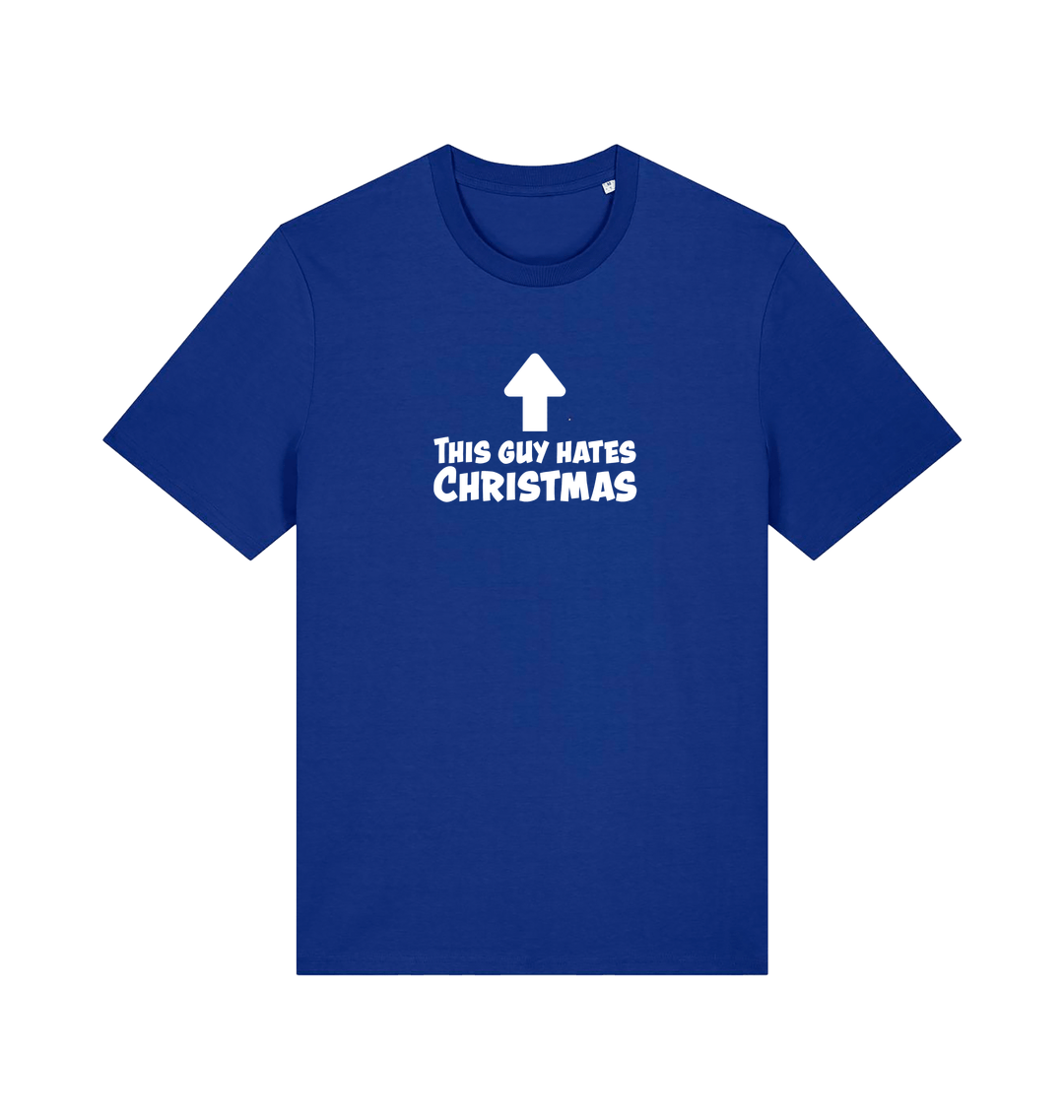 blue christmas t-shirt with the slogan 'this guy hates christmas'