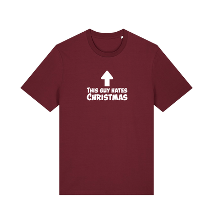 burgundy christmas t-shirt with the slogan 'this guy hates christmas'
